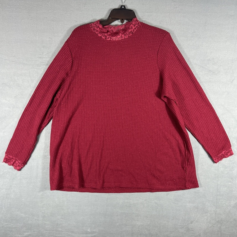 LOGO Lori Goldstein Women's 1X Berry Red Waffle Knit Lace Trim Mock Neck Top